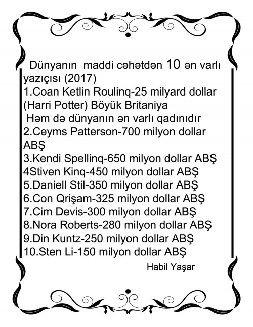 Dünyanın maddi cəhətdən 10 ən varlı yazıçısı (2017) Habil Yaşar