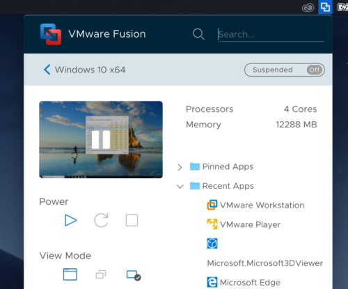 VMWare Fusion App Menu