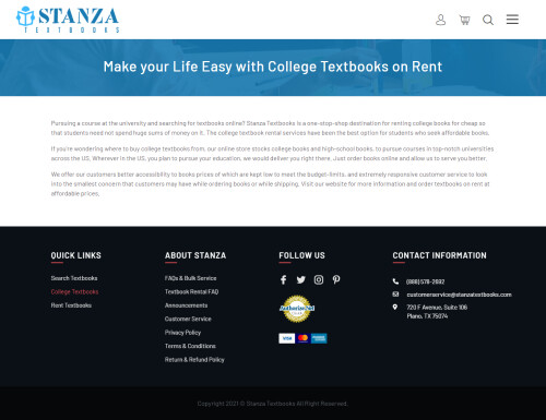 The stanza text books are the right place to find the best and cheap college textbooks and college books for wholesale or rental. Call us (888) 578-2692.

Read more:- https://www.stanzatextbooks.com/college-textbooks/

The advantage of choosing the option of rented books is you don’t have to spend your money on buying it. We understand how important it is for students to have access to course books for their studies. At The Stanza Textbooks, we make sure that student gets a wide range of textbooks according to their needs and respective courses. Student can avail books on rent for as many days as they wish to keep it with them.

#Cheapcollegetextbooks #Renttextbooks #Textbookrentals #Rentbooks #cheaptextbooks #bestpricetextbooks #Cheapbooks #Collegebooks