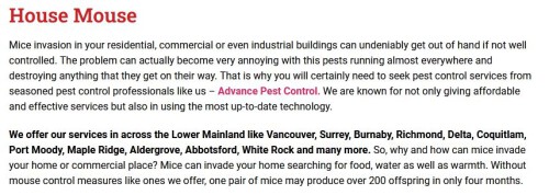 We are a team of professional pest control specialists providing eco-friendly pest control & wasp removal services in Vancouver, Surrey and around the Canada.

https://advancepest.ca/house-mouse/