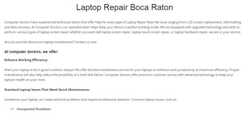 Computer Doctors offers the top laptop repair and screen Repair services in Boca Raton, Palm Beach, etc. Looking for laptop repair near me then hire only Computer Doctors.


https://www.computerdoctorsinc.net/laptop-repair-boca-raton/