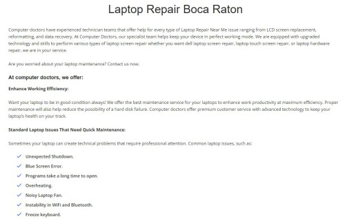 Computer Doctors offers the top laptop repair and screen Repair services in Boca Raton, Palm Beach, etc. Looking for laptop repair near me then hire only Computer Doctors.

https://www.computerdoctorsinc.net/laptop-repair-boca-raton/