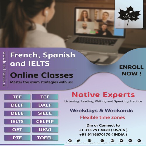French Tweets is an e-learning platform to learn online tef Canada and we promote French learning and culture through live online classes for learners all across the world. Visit us now for more information. http://frenchtweets.ca/login.aspx