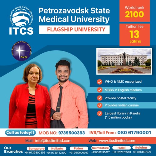 Study MBBS Abroad

Petrozavodsk State Medical University

For Admissions, let's connect over:

Toll Free/IVR No. 080-627-90001/080-617-90001

Whatsapp: 9606071393

Call: +91-9739500393

Website: https://itcslimited.com

Follow Our Facebook Page: https://www.facebook.com/itcsstudyabroad