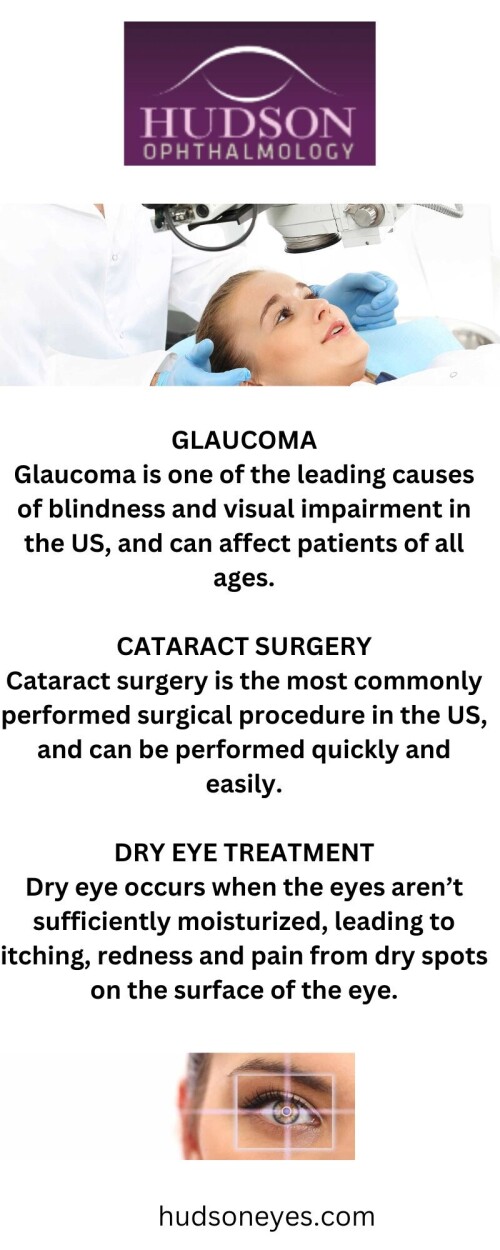 Hudson Ophthalmology provides the best laser treatment and surgery for problems like glaucoma and eye pressure. The Glaucoma Laser treatment helps to minimize the risk of vision and improves eyesight. Call us at (914) 737-6360 for further details!

https://www.hudsoneyes.com/
