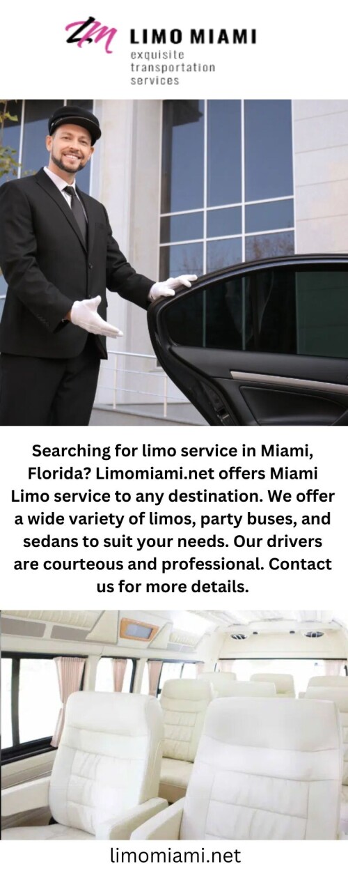 Browsing for the best limo service at Miami Airport? Limomiami.net is Miami's most trusted limo service, serving domestic and international travellers. With our fleet of luxury cars and professional chauffeurs, we offer an unmatched level of service. Visit our site for more details.

https://limomiami.net/