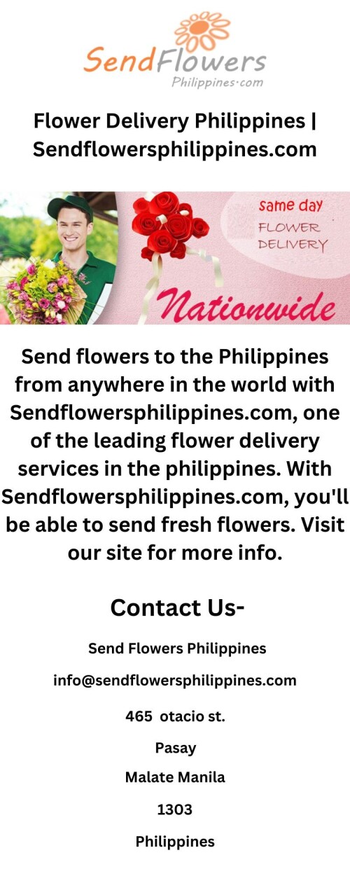 Send flowers to the Philippines from anywhere in the world with Sendflowersphilippines.com, one of the leading flower delivery services in the philippines. With Sendflowersphilippines.com, you'll be able to send fresh flowers. Visit our site for more info.

https://www.sendflowersphilippines.com/
