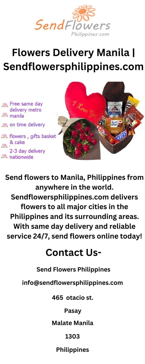Send flowers to Manila, Philippines from anywhere in the world. Sendflowersphilippines.com delivers flowers to all major cities in the Philippines and its surrounding areas. With same day delivery and reliable service 24/7, send flowers online today!

https://www.sendflowersphilippines.com/