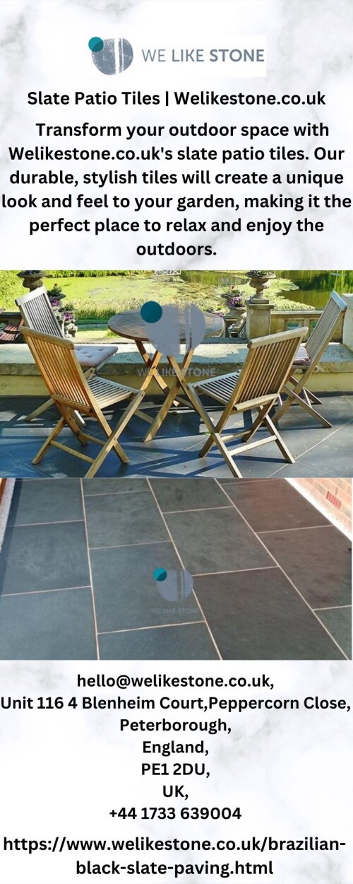 Transform your outdoor space with Welikestone.co.uk's slate patio tiles. Our durable, stylish tiles will create a unique look and feel to your garden, making it the perfect place to relax and enjoy the outdoors.

https://www.welikestone.co.uk/brazilian-black-slate-paving.html