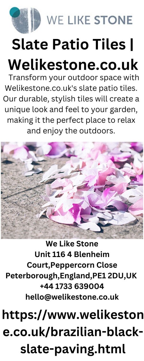 Transform your outdoor space with Welikestone.co.uk's slate patio tiles. Our durable, stylish tiles will create a unique look and feel to your garden, making it the perfect place to relax and enjoy the outdoors.


https://www.welikestone.co.uk/brazilian-black-slate-paving.html