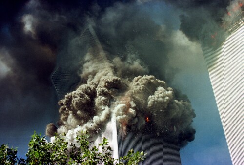NEW YORK - SEPTEMBER 11:  The south tower of the World Trade Center collapses September 11, 2001 in 