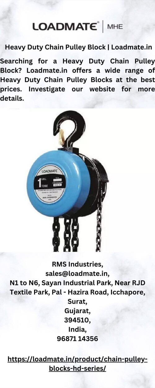 Searching for a Heavy Duty Chain Pulley Block? Loadmate.in offers a wide range of Heavy Duty Chain Pulley Blocks at the best prices. Investigate our website for more details.

https://loadmate.in/product/chain-pulley-blocks-hd-series/