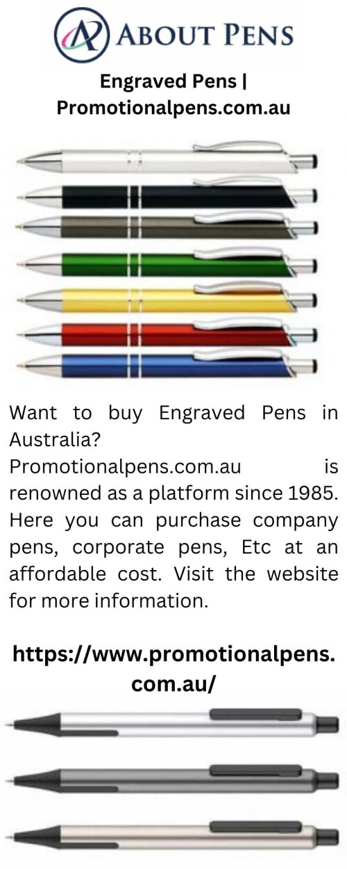 Want to buy Engraved Pens in Australia? Promotionalpens.com.au is renowned as a platform since 1985. Here you can purchase company pens, corporate pens, Etc at an affordable cost. Visit the website for more information.

https://www.promotionalpens.com.au/engravable-pens/