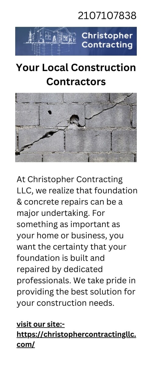 Christopher Contracting has been in the San Antonio foundation repair industry. With our expertise in the business, you can be confident that we will provide a complete detailed evaluation of your San Antonio foundation repair project. Our mission has always been to deliver complete satisfaction to our customers. We are a licensed and insured company. Please explore our site for more details.

https://christophercontractingllc.com/foundation-repair/