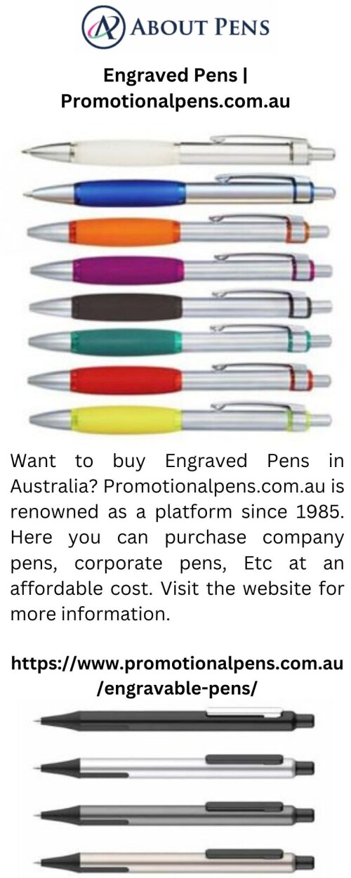 Want to buy Engraved Pens in Australia? Promotionalpens.com.au is renowned as a platform since 1985. Here you can purchase company pens, corporate pens, Etc at an affordable cost. Visit the website for more information.

https://www.promotionalpens.com.au/engravable-pens/