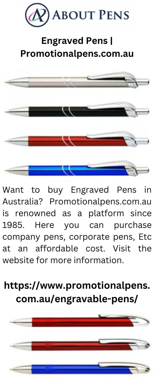 Want to buy Engraved Pens in Australia? Promotionalpens.com.au is renowned as a platform since 1985. Here you can purchase company pens, corporate pens, Etc at an affordable cost. Visit the website for more information.

https://www.promotionalpens.com.au/engravable-pens/