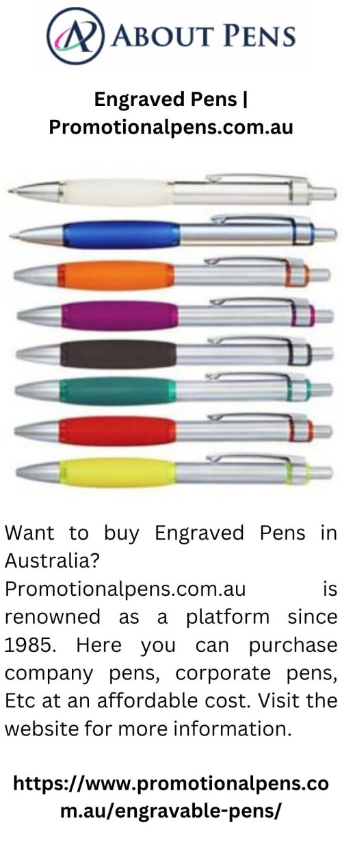 Want to buy Engraved Pens in Australia? Promotionalpens.com.au is renowned as a platform since 1985. Here you can purchase company pens, corporate pens, Etc at an affordable cost. Visit the website for more information.

https://www.promotionalpens.com.au/engravable-pens