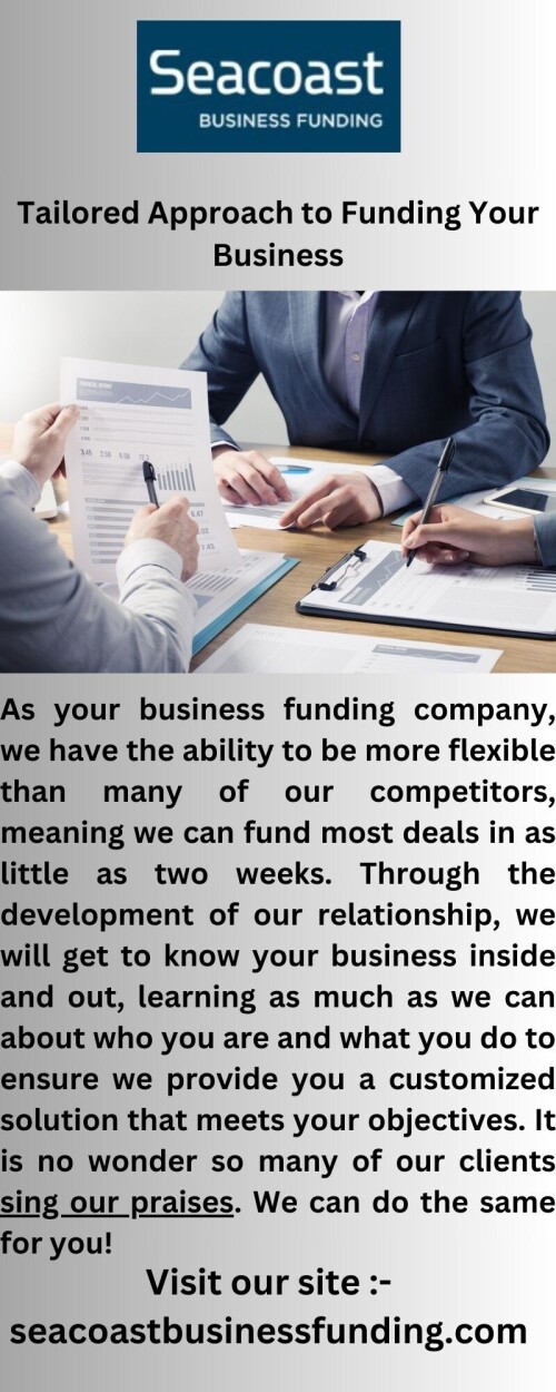 At SeacoastBusinessFunding.com, we understand the importance of having access to the funds you need to help your business succeed. Our unique USP ensures you get the best rates and terms for your funding needs.


https://seacoastbusinessfunding.com/industries/healthcare/invoice-factoring/