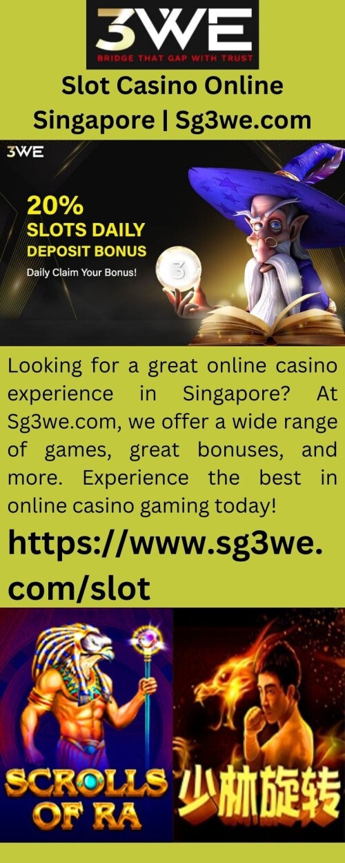 Looking for a great online casino experience in Singapore? At Sg3we.com, we offer a wide range of games, great bonuses, and more. Experience the best in online casino gaming today!

https://www.sg3we.com/slot