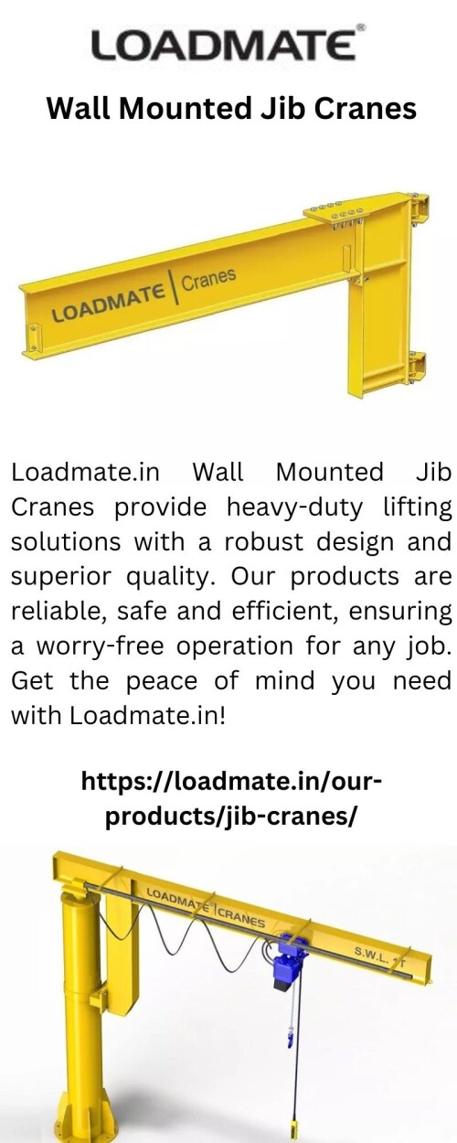 Loadmate.in Wall Mounted Jib Cranes provide heavy-duty lifting solutions with a robust design and superior quality. Our products are reliable, safe and efficient, ensuring a worry-free operation for any job. Get the peace of mind you need with Loadmate.in!

https://loadmate.in/our-products/jib-cranes/
