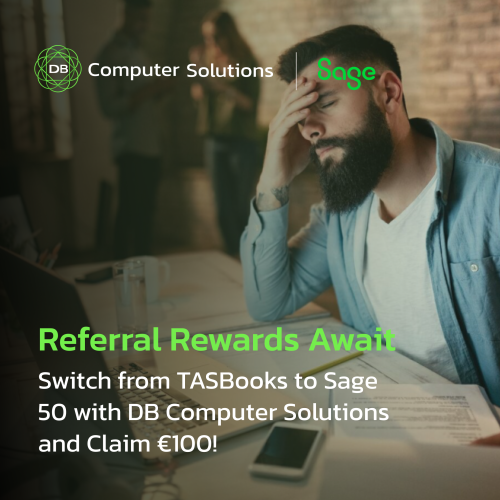 As we approach the year-end, time is running out for you or businesses you know to join the TASBooks to Sage Referral Program with DB Computer Solutions!

Make the Switch from TASBooks to Sage 50 NOW and claim €100 for every successful referral!

Why Act Now?
➡️ TASBooks is approaching obsolescence-secure your financial future.
➡️ Experience unmatched capabilities with Sage 50.
➡️ Earn €100 for every successful referral with our exclusive program.

Why Choose DB Computer Solutions?
➡️ Expert guidance for a seamless transition.
➡️ Comprehensive training and unwavering support.
➡️ Bid farewell to manual processes and welcome streamlined financial operations.
Last Call for Referral Rewards! Connect with DB Computer Solutions TODAY with your referrals and start earning €100!

Call us at 061 480980 or email us at info@dbcomp.ie.

Let's collaborate to propel businesses to new heights and leave TASBooks in the rearview mirror before the year comes to a close.

https://www.dbcomp.ie/