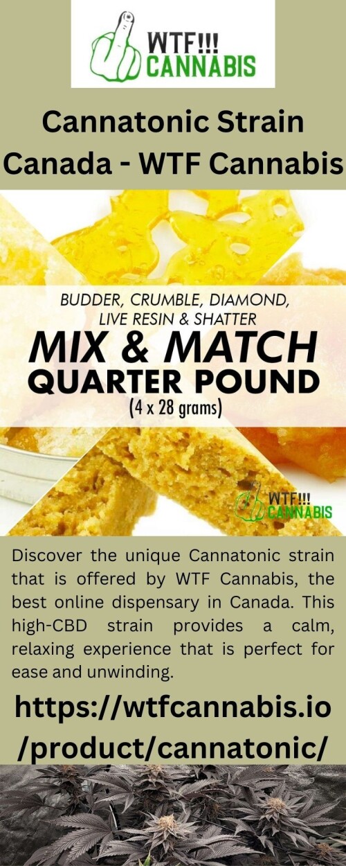 Discover the unique Cannatonic strain that is offered by WTF Cannabis, the best online dispensary in Canada. This high-CBD strain provides a calm, relaxing experience that is perfect for ease and unwinding.

https://wtfcannabis.io/product/cannatonic/