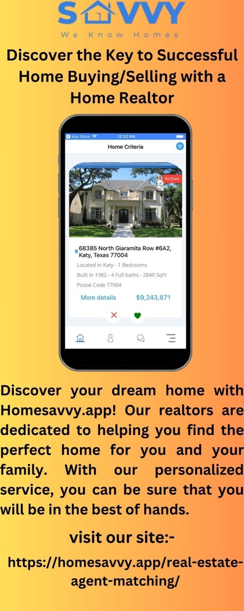 Discover Homesavvy.app, the revolutionary realtor's app, and make the most of your real estate investments. With our intuitive and user-friendly platform, you'll be able to save time and money while finding the perfect property.

https://homesavvy.app/real-estate-agent-matching/