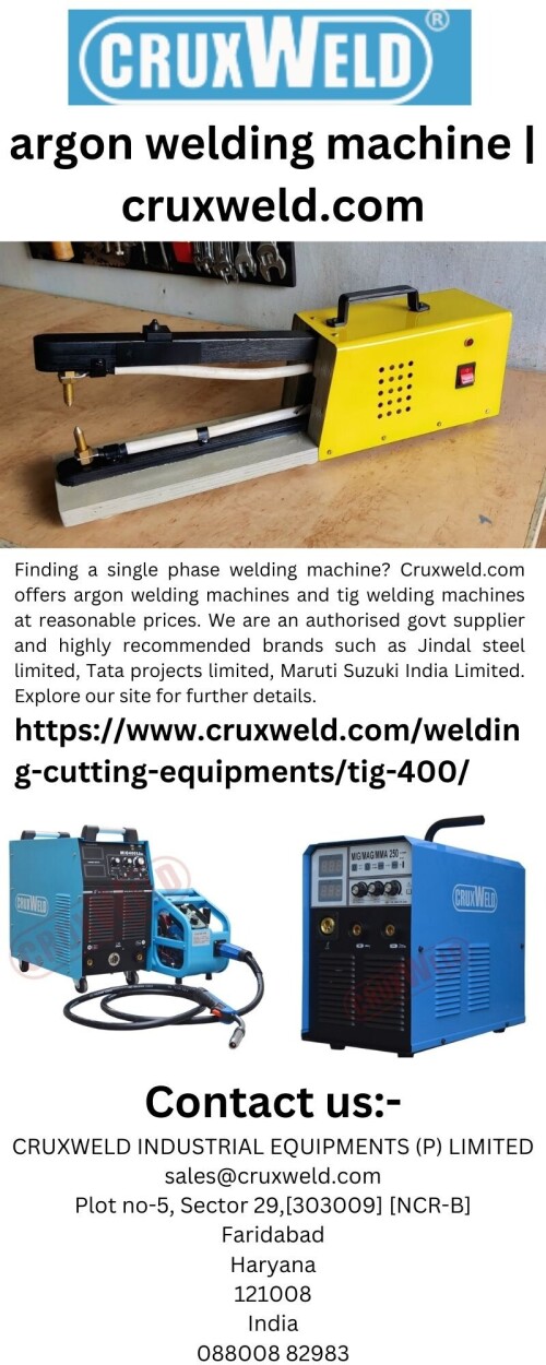 Finding a single phase welding machine? Cruxweld.com offers argon welding machines and tig welding machines at reasonable prices. We are an authorised govt supplier and highly recommended brands such as Jindal steel limited, Tata projects limited, Maruti Suzuki India Limited. Explore our site for further details.

https://www.cruxweld.com/welding-cutting-equipments/tig-400/