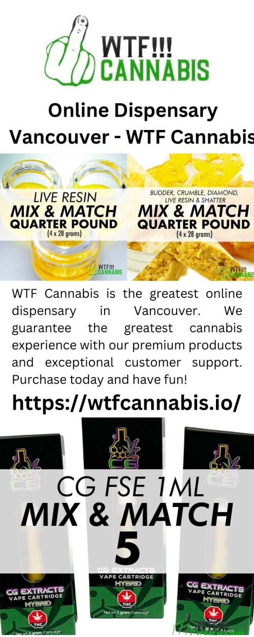 WTF Cannabis is the greatest online dispensary in Vancouver. We guarantee the greatest cannabis experience with our premium products and exceptional customer support. Purchase today and have fun!

https://wtfcannabis.io/