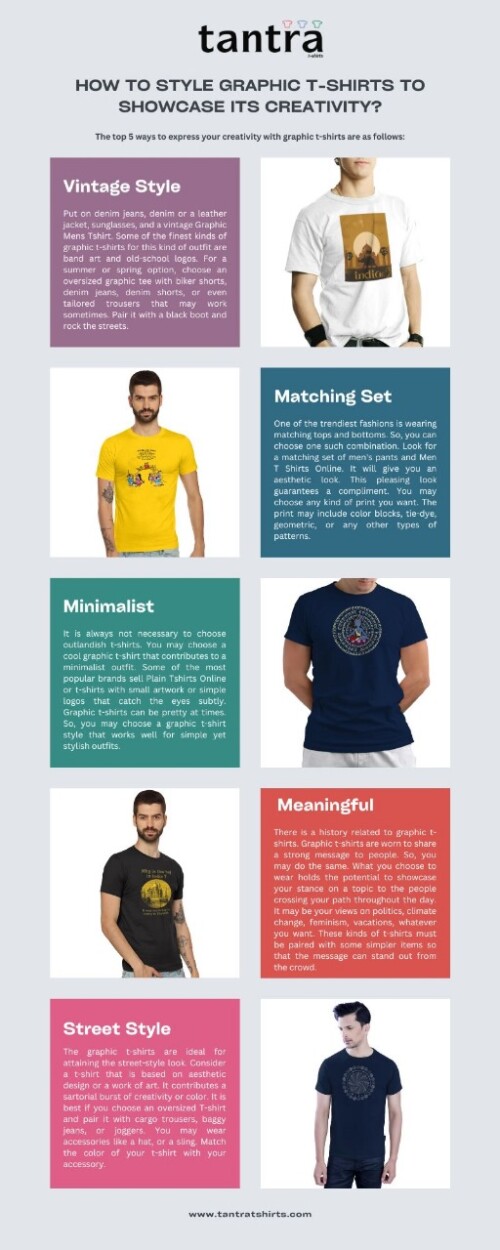 Read About The top 5 ways to express your creativity with graphic t-shirts are as follows in attached infographics.

Visit us now at:https://www.tantratshirts.com/