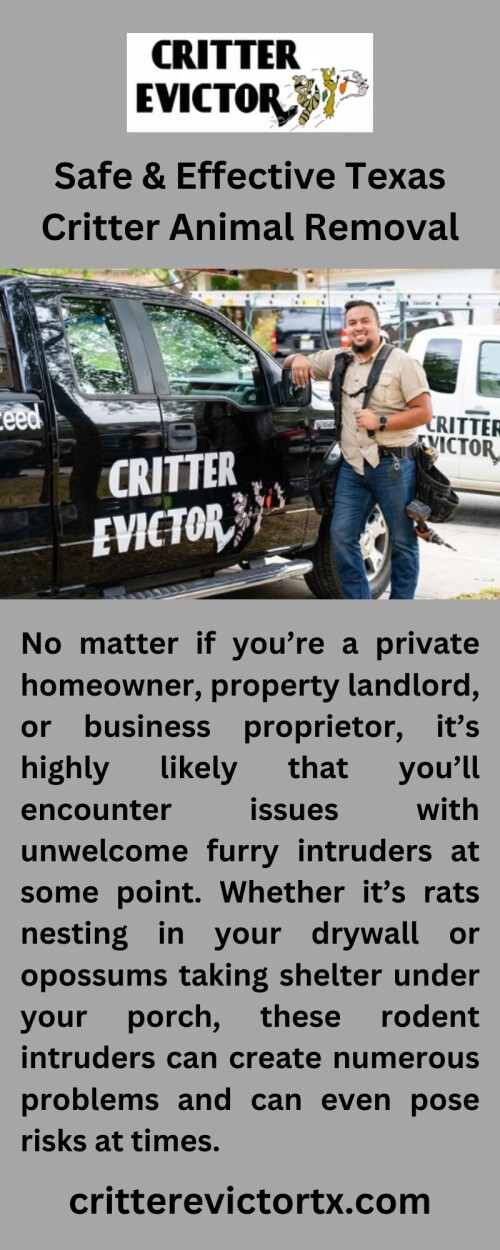 Keep pests out of your house! Visit Critterevictortx.com, the San Antonio branch of the Critter Evictor, for dependable and compassionate animal removal services.https://critterevictortx.com/san-antonio/