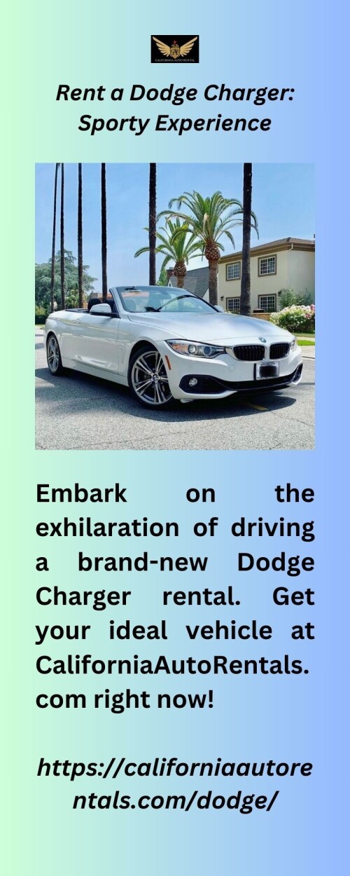 Embark on the exhilaration of driving a brand-new Dodge Charger rental. Get your ideal vehicle at CaliforniaAutoRentals.com right now!

https://californiaautorentals.com/dodge/