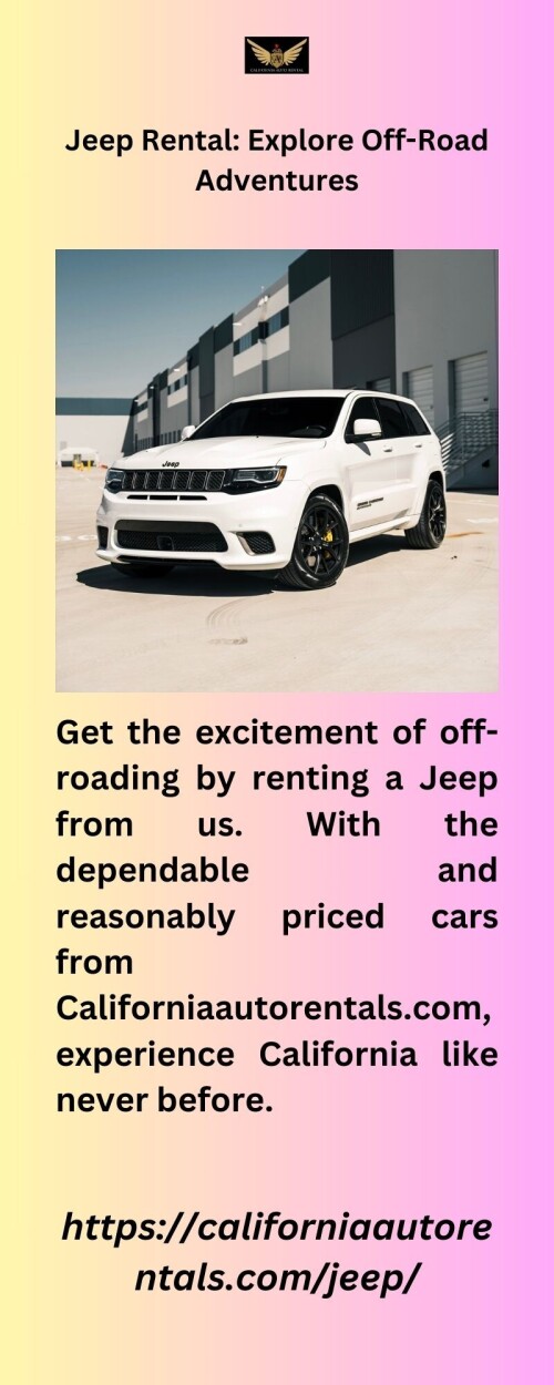 Get the excitement of off-roading by renting a Jeep from us. With the dependable and reasonably priced cars from Californiaautorentals.com, experience California like never before.


https://californiaautorentals.com/jeep/