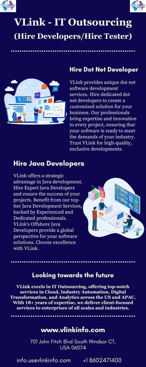 Are you looking to hire skilled dot net developers? VLink provides top-notch Dot Net programmers who excel in building robust applications. Our developers are experienced in C#, ASP.NET and MVC frameworks, ensuring high-quality solutions tailored to your needs. Trust VLink for reliable and efficient dot net development services.

Visit - https://www.vlinkinfo.com/hire-developers/dot-net/