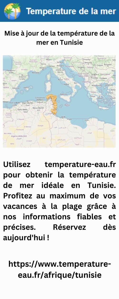 Utilisez temperature-eau.fr pour obtenir la température de mer idéale en Tunisie. Profitez au maximum de vos vacances à la plage grâce à nos informations fiables et précises. Réservez dès aujourd'hui !

https://www.temperature-eau.fr/afrique/tunisie