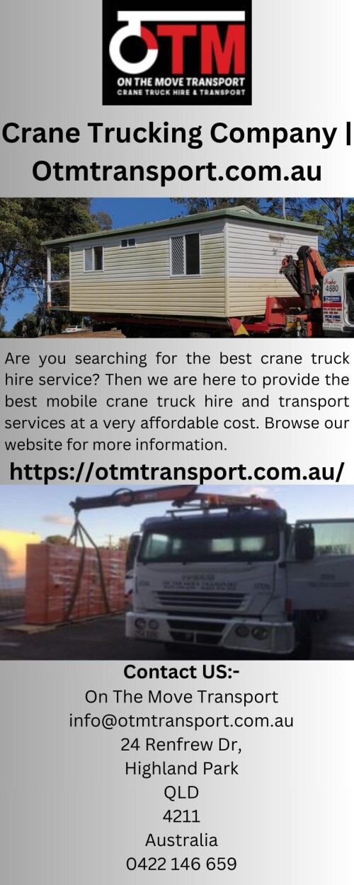 Are you searching for the best crane truck hire service? Then we are here to provide the best mobile crane truck hire and transport services at a very affordable cost. Browse our website for more information.


https://otmtransport.com.au/