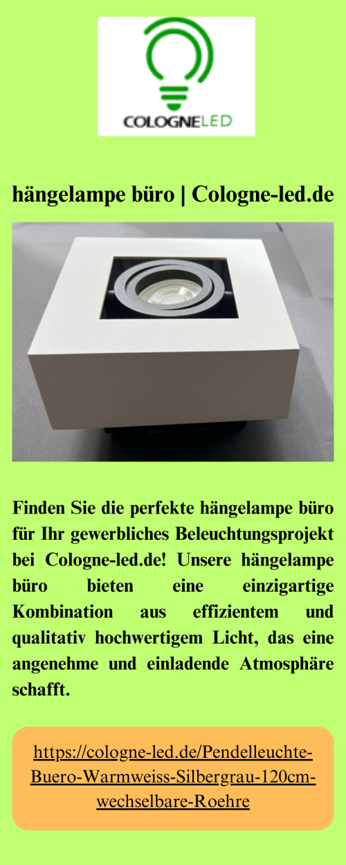 Finden Sie die perfekte hängelampe büro für Ihr gewerbliches Beleuchtungsprojekt bei Cologne-led.de! Unsere hängelampe büro bieten eine einzigartige Kombination aus effizientem und qualitativ hochwertigem Licht, das eine angenehme und einladende Atmosphäre schafft.

https://cologne-led.de/Pendelleuchte-Buero-Warmweiss-Silbergrau-120cm-wechselbare-Roehre