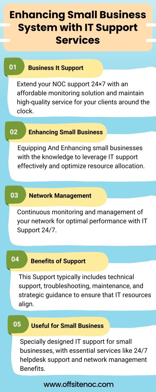 Empower small businesses with specialized IT Support that enhances system performance, security, and efficiency. Services include 24/7 helpdesk support to ensure quick issue resolution, advanced cybersecurity measures to protect against threats, and comprehensive IT asset management. These supports enable small businesses to focus on development and growth by ensuring their IT infrastructure is reliable and secure. Visit Now @ www.offsitenoc.com