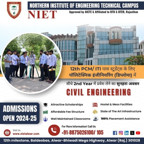 Discover Alwar's premier civil engineering college, Niet Alwar, where academic excellence meets cutting-edge technology. Our expert faculty, equipped with years of industry experience, are dedicated to nurturing the next generation of engineers. At Niet Alwar, students gain hands-on experience in modern labs, designed to provide practical insights into the latest engineering practices. Our comprehensive curriculum, combined with innovative teaching methods, prepares graduates for successful careers in civil engineering. Choose Niet Alwar for a top-tier education, state-of-the-art facilities, and a vibrant campus life that fosters growth and learning. Start your journey to success with us today!

for more info. visit us: https://www.nietalwar.com/