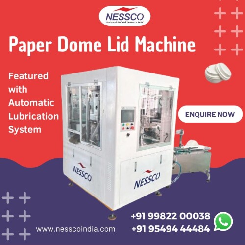 Elevate your production line with the Nessco paper dome lid machine featured with an automatic lubrication system. This advanced and fully automatic machine is specially designed to produce high-quality 60 paper dome lids per minute, perfect for hot and cold beverage containers. Contact us today for best deals.

Find out more: https://www.nesscoindia.com/product/paper-dome-lid-machine/