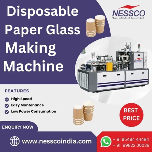 The Nessco Advanced Paper Glass Making Machine offers high efficiency and precision in producing disposable paper cups. It features automated feeding, molding, cutting, and sealing processes to ensure consistent quality and high-speed output. Ideal for both small and large-scale production, it combines reliability with advanced technology for optimal performance.

Order at:https://www.nesscoindia.com/product/paper-glass-making-machine/