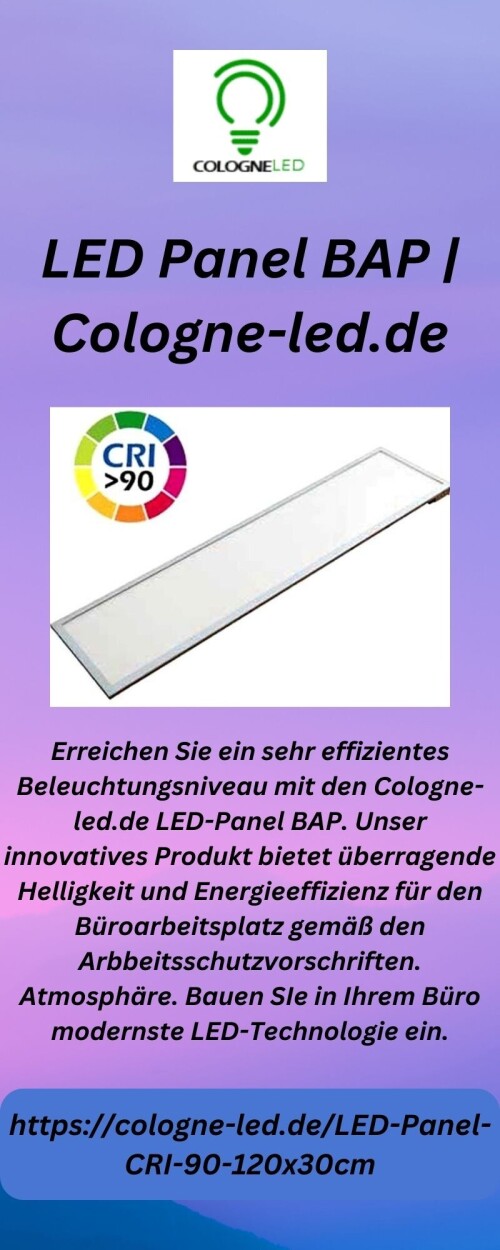 Erreichen Sie ein sehr effizientes Beleuchtungsniveau mit den Cologne-led.de LED-Panel BAP. Unser innovatives Produkt bietet überragende Helligkeit und Energieeffizienz für den Büroarbeitsplatz gemäß den Arbbeitsschutzvorschriften. Atmosphäre. Bauen SIe in Ihrem Büro modernste LED-Technologie ein.


https://cologne-led.de/LED-Panel-CRI-90-120x30cm