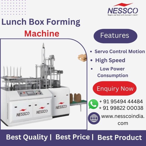 The Lunch Box Forming Machine showcased in the image is a sophisticated piece of industrial equipment designed for high-efficiency production. The machine features a sleek, modern design with a combination of stainless steel and high-strength components, ensuring durability and ease of maintenance.

Order at:https://www.nesscoindia.com/product/lunch-box-forming-machine/