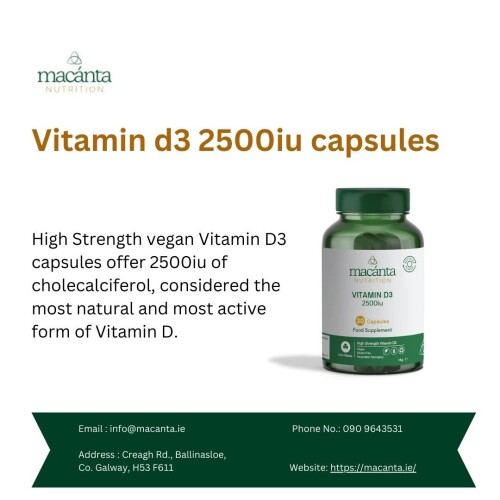 High Strength vegan Vitamin D3 capsules offer 2500iu of cholecalciferol, considered the most natural and most active form of Vitamin D.

https://macanta.ie/products/vitamin-d3-2500iu-90-capsules